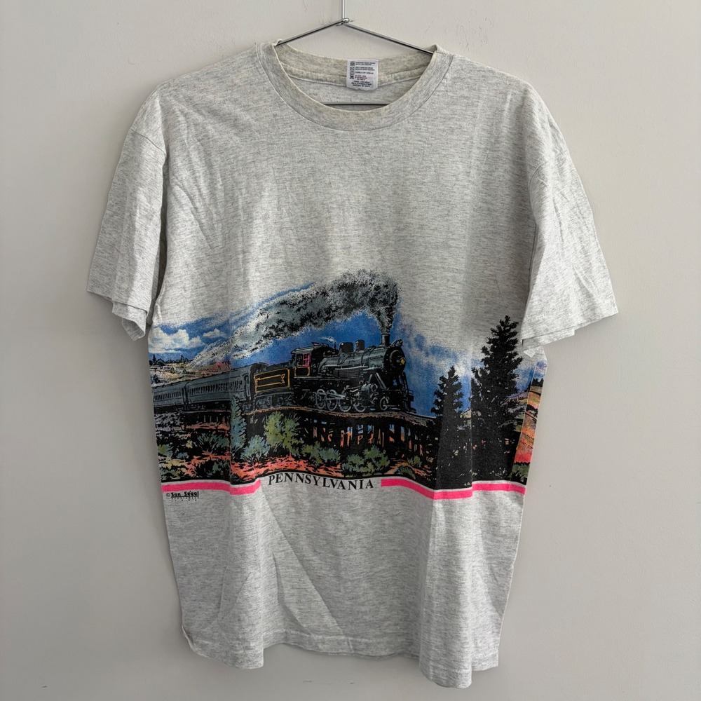 Vintage Anvil Pennsylvania Steam Train Graphic T-Shirt Gray Mens Large